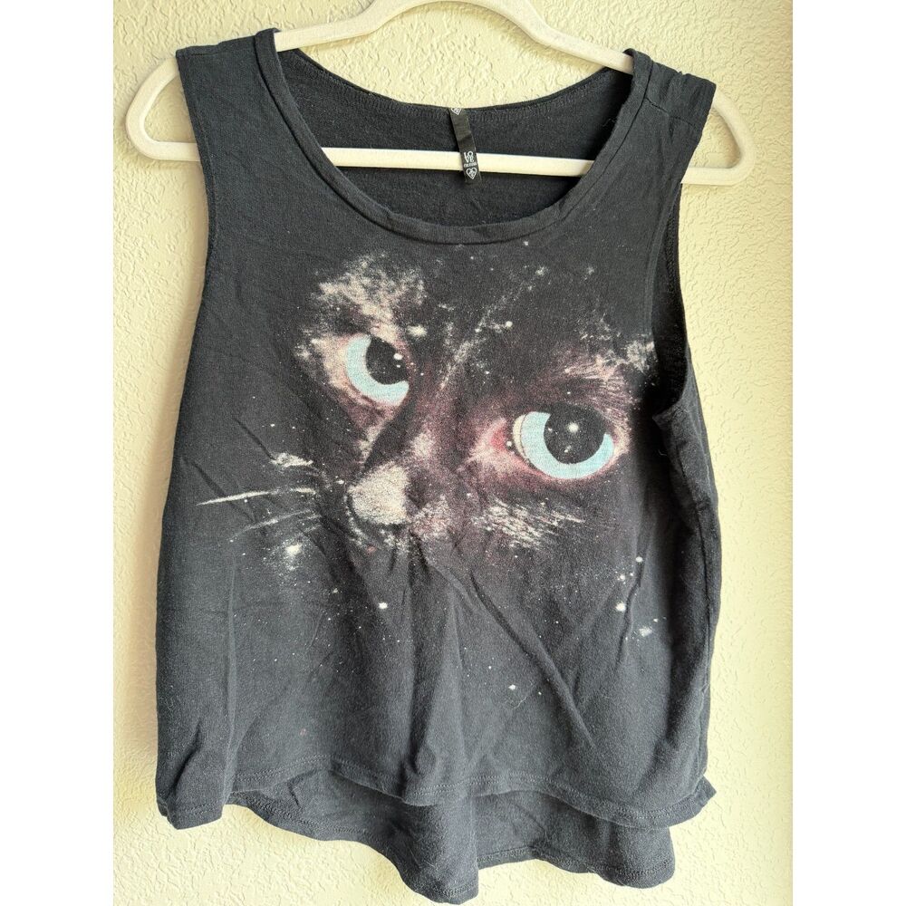 Love Culture Black Galaxy Cat Graphic Tank Top Cosmic Space 2010s